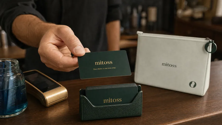A barber hands over a Mitoss card that reads Your doctor is one scan away