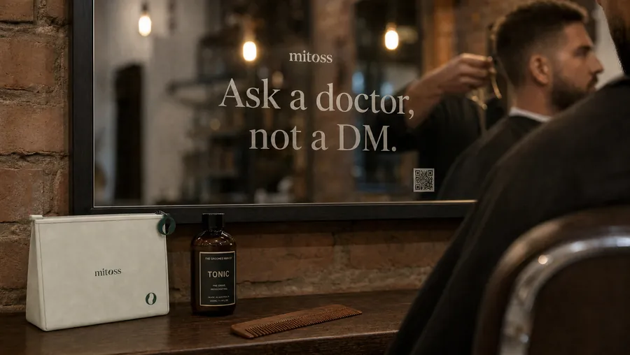 A barbershop mirror lettered Ask a doctor, not a DM, with the Mitoss pouch on the shelf