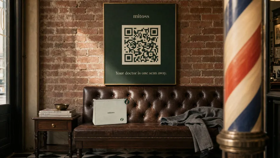 A framed Mitoss QR poster above a leather bench in a barbershop