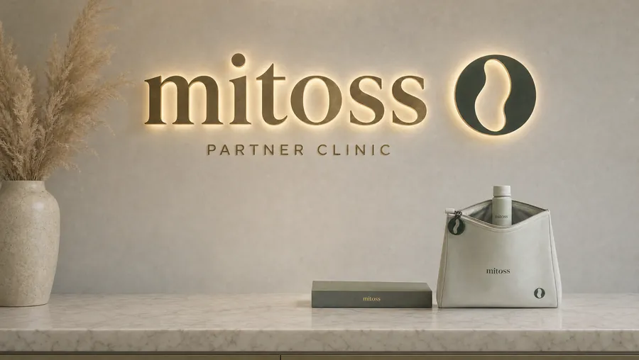 A backlit Mitoss Partner Clinic sign above a marble counter