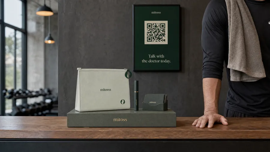 A gym front desk with the Mitoss pouch, a pen and a QR poster
