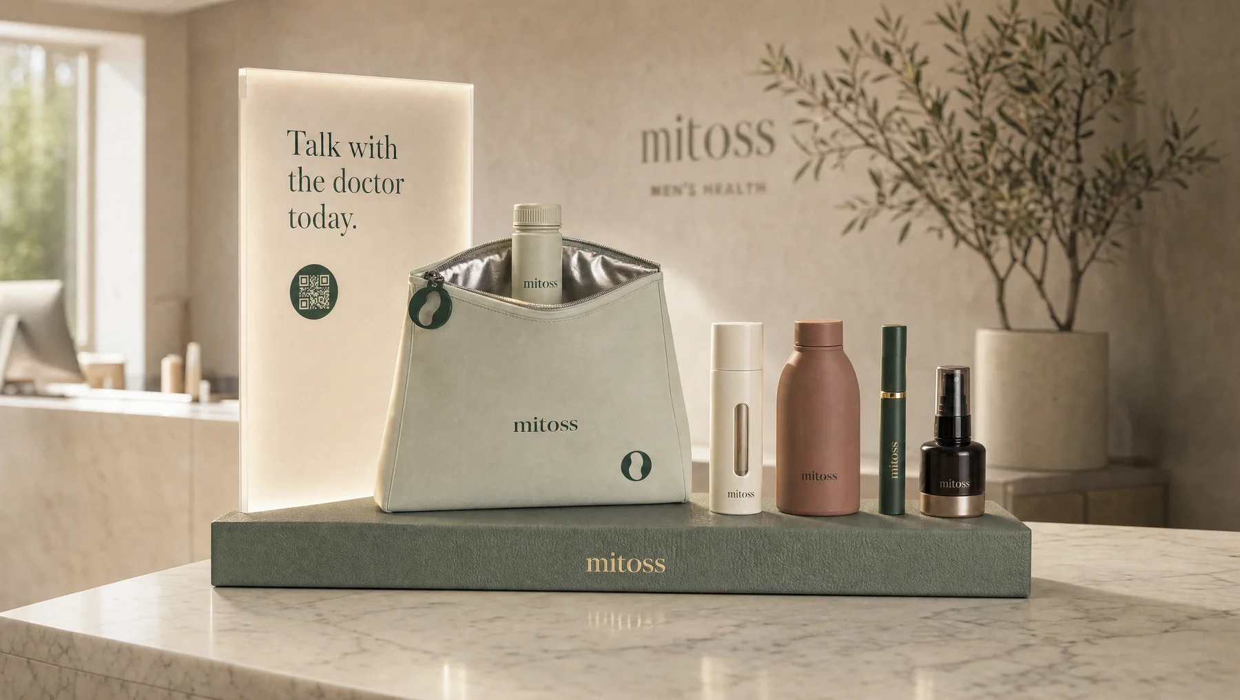 A med spa counter: the Mitoss pouch and containers on a display plinth beside a lit sign that reads Talk with the doctor today