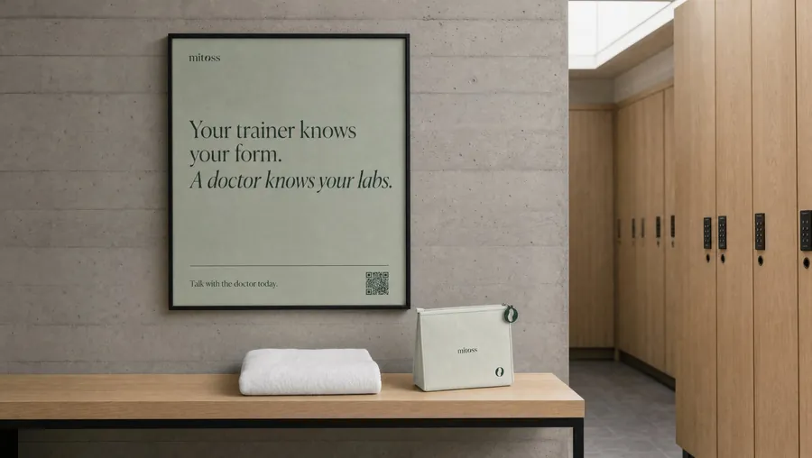 A framed Mitoss poster above a bench in a locker room: Your trainer knows your form. A doctor knows your labs.