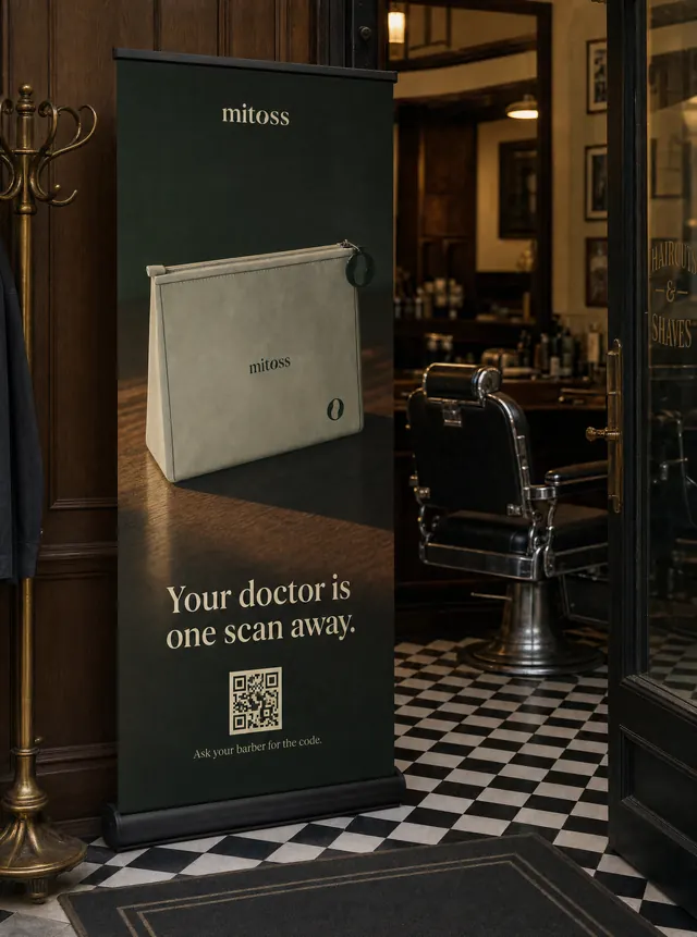 A dark roll-up banner in a barbershop: Your doctor is one scan away