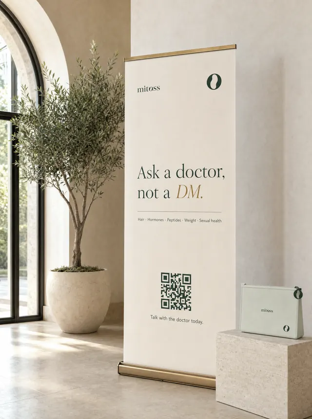 A cream roll-up banner in a lobby: Ask a doctor, not a DM