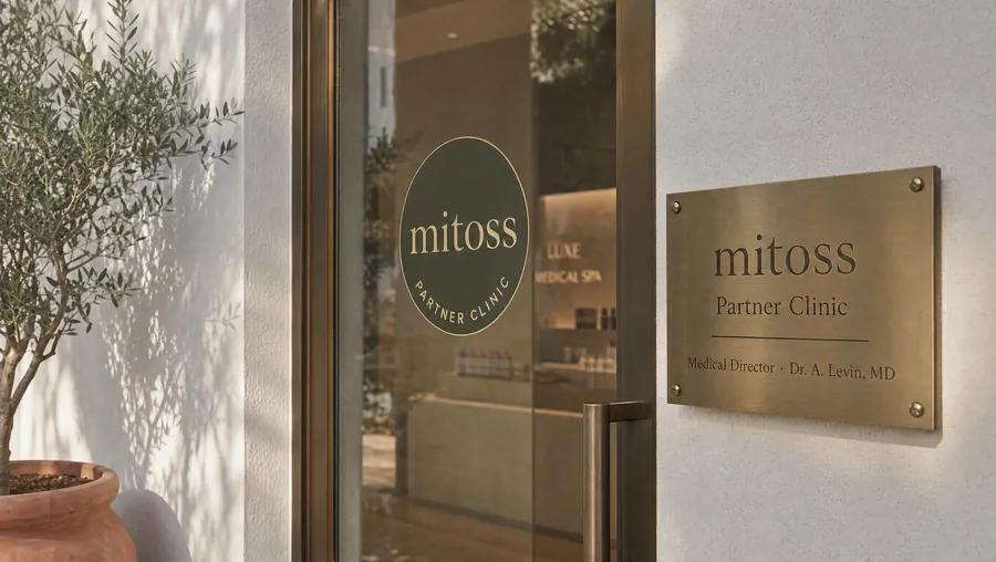 A glass clinic door with a Mitoss Partner Clinic decal and a brass plaque