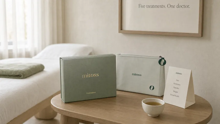 A treatment room with the Mitoss box, pouch and a tent card