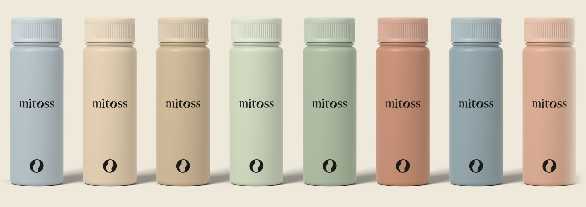 Eight Mitoss containers in a row: blue-grey, sand, tan, pale sage, sage, terracotta, slate blue and blush