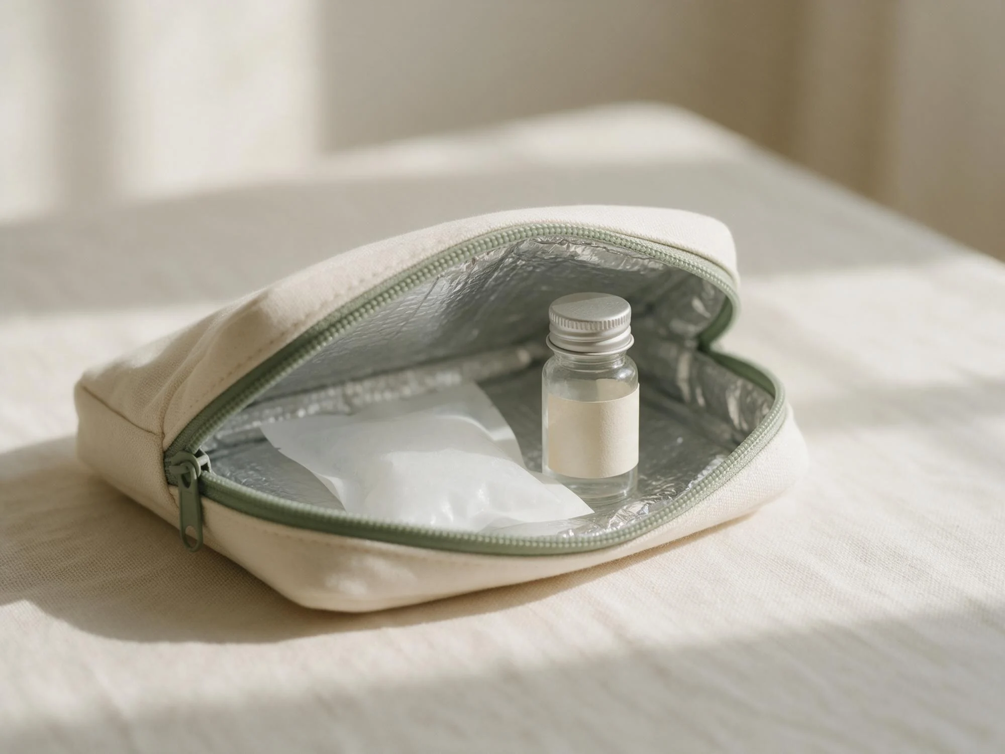 The insulated Mitoss pouch open, with an ice pack and a sealed vial