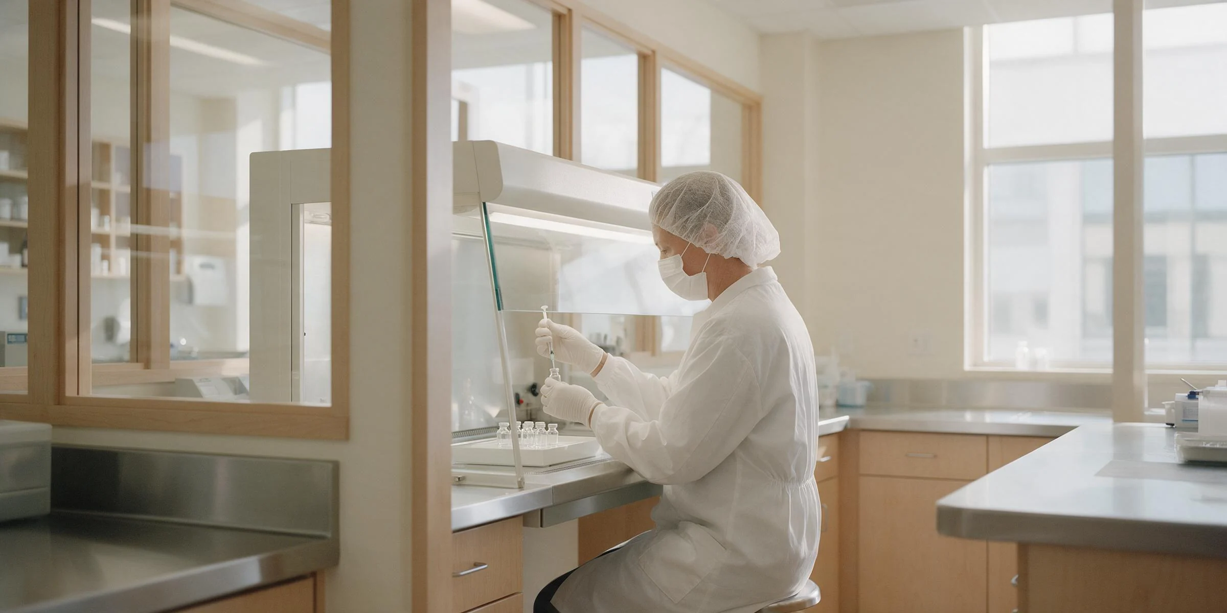 A compounding pharmacist at work at a laminar-flow hood