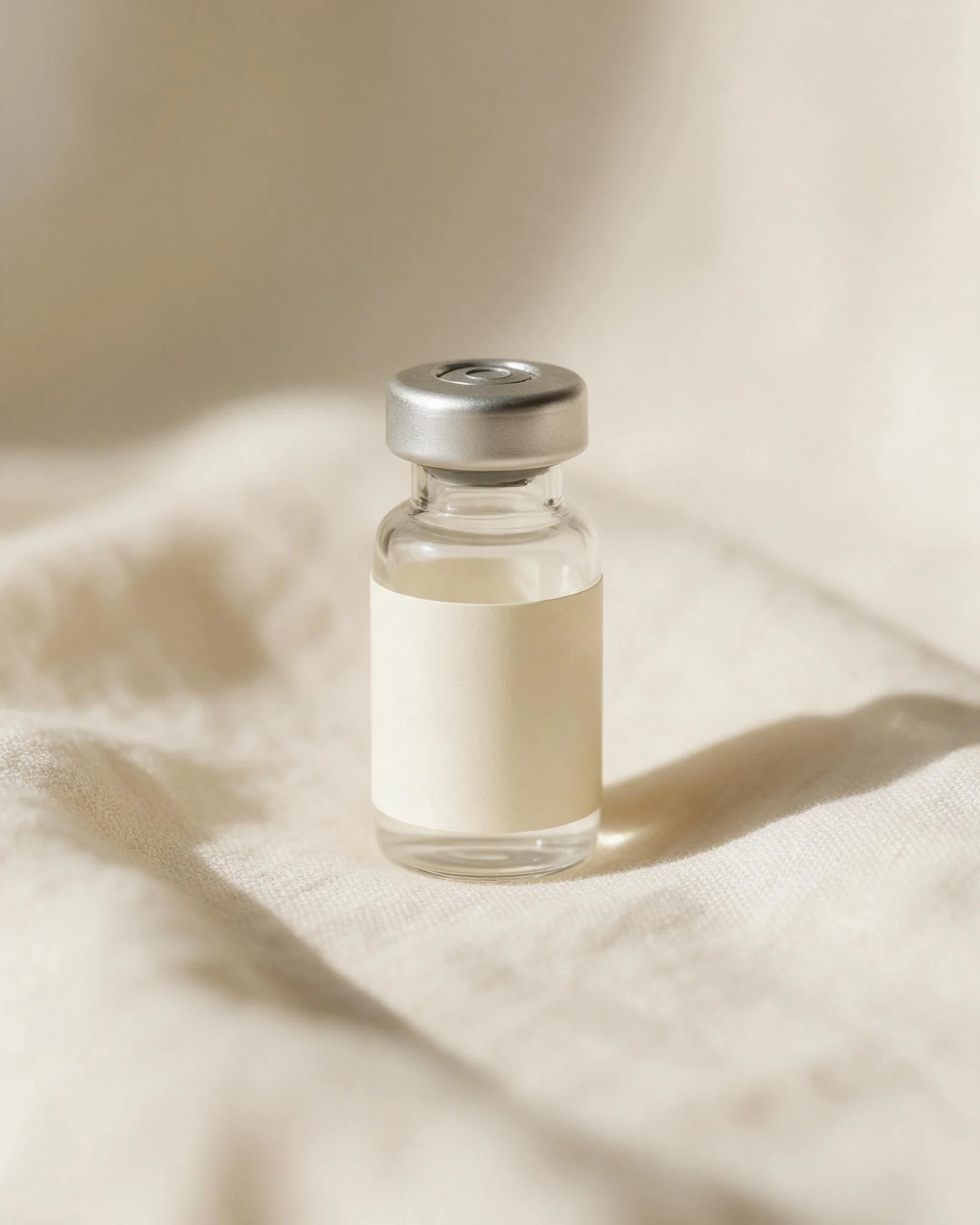 A glass vial with a blank pharmacy label