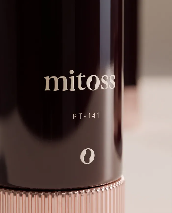 Close-up of the Mitoss wordmark and PT-141 lettering on the burgundy bottle